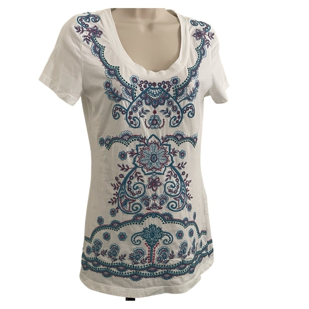 Johnny Was JW Los Angeles Joy Love Light Embroidered T-Shirt Womens S